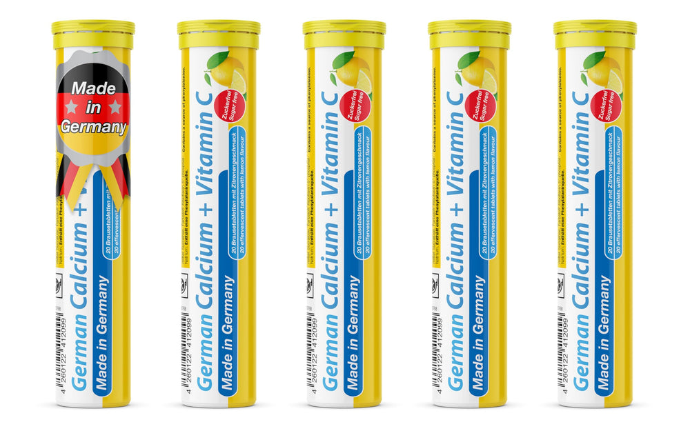 T&D German Calcium Vitamin C 100-tablets lemon lime tube for daily bone support.