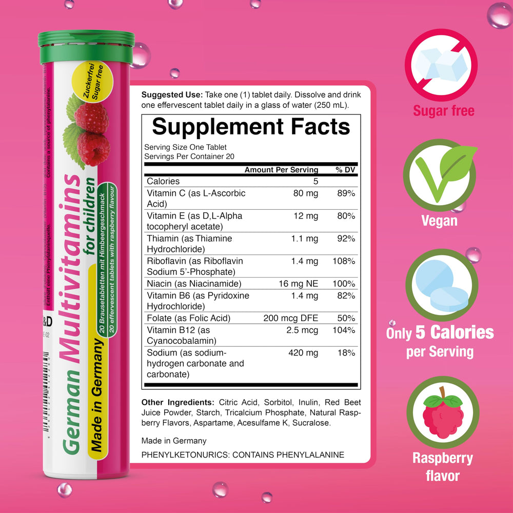 T&D German Multivitamin for Children 20-per-tube packaging for convenient weekly supply