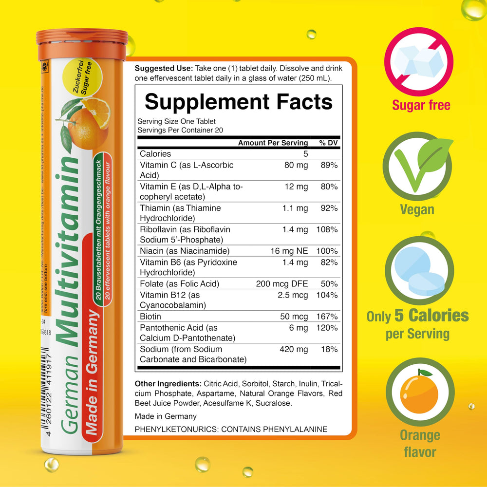 T&D German Multivitamin orange drink in glass ready to enjoy.