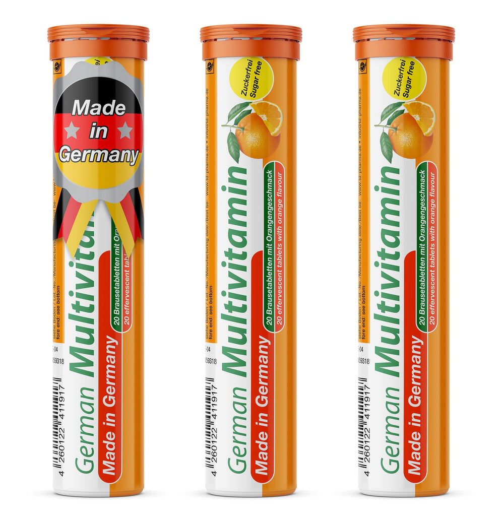 T&D German Multivitamin orange effervescent tablet dissolves quickly for a refreshing boost.