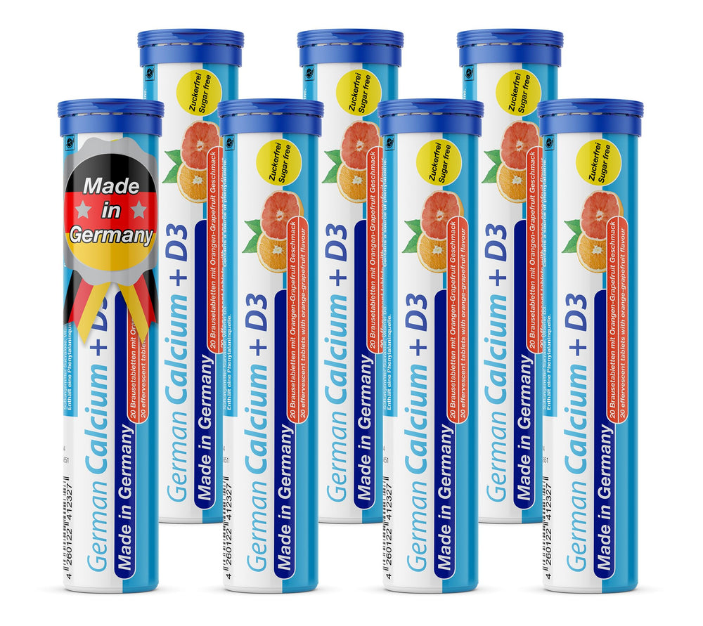 T&D German Calcium + D effervescent tablets in orange-grapefruit flavor for daily calcium support.