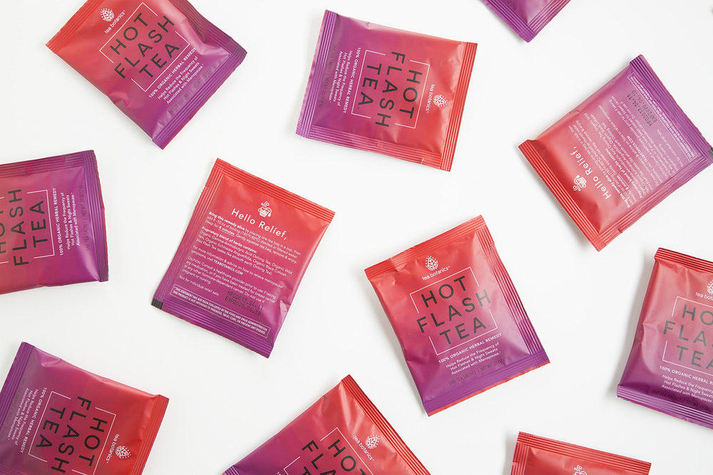 Tea Botanics Hot Flash Tea bag closeup highlights organic blend aromas.