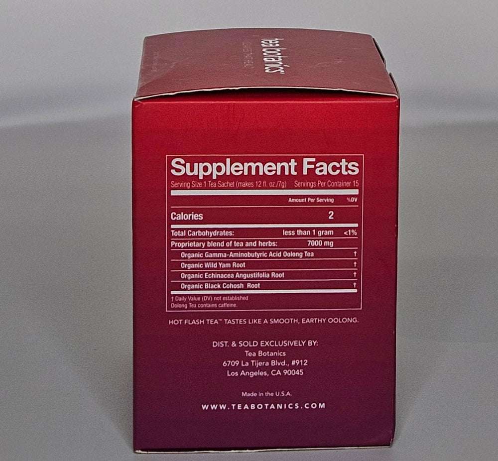 Tea Botanics Hot Flash Tea label focus highlights organic composition.