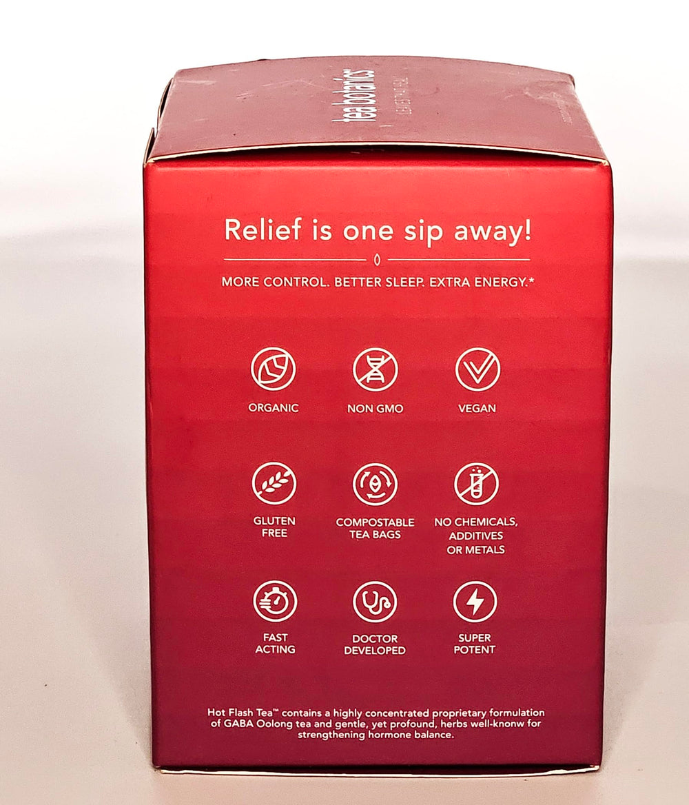Tea Botanics Hot Flash Tea display shelf suggests daily menopause support ritual.