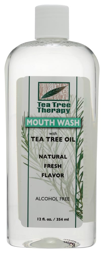 Tea Tree Therapy Mouthwash bottle showing minty finish for daily freshness.