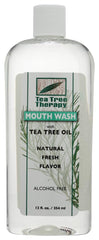 Tea Tree Therapy Mouthwash bottle showing minty finish for daily freshness.