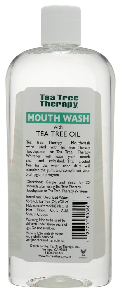 Tea Tree Therapy Mouthwash label emphasizes alcohol-free formula.