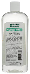 Tea Tree Therapy Mouthwash label emphasizes alcohol-free formula.