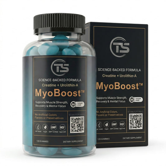 Teal Skyes MyoBoost gummies in bottle highlight convenient daily energy support.