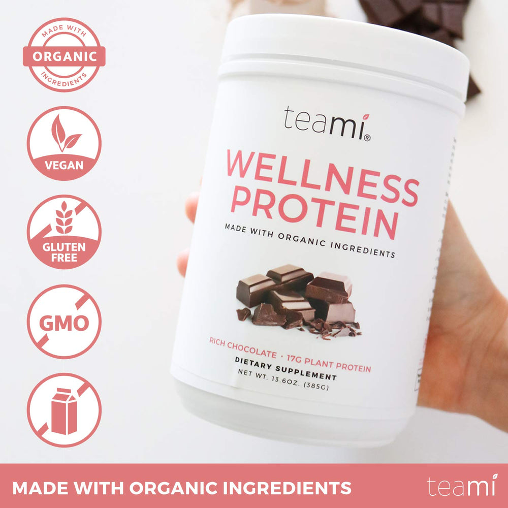 Teami Vegan Chocolate Protein Powder milkshake glass showcases creamy texture for a satisfying snack