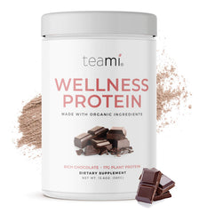 Teami Vegan Chocolate Protein Powder tub closeup shows smooth texture for easy shakes