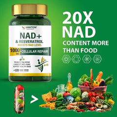 TEATTY NAD+ & Resveratrol ingredients panel highlighting antioxidant blend