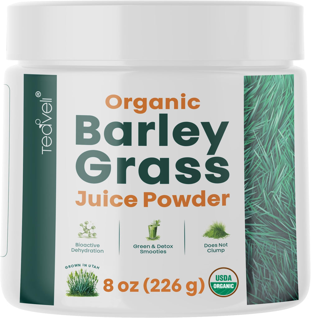 Teaveli barley grass juice powder bottle highlighting gluten-free nutrition and detox support.