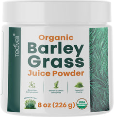 Teaveli barley grass juice powder bottle highlighting gluten-free nutrition and detox support.
