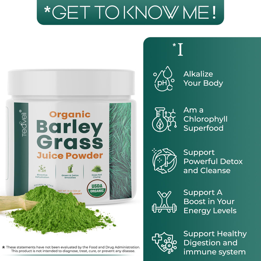 Teaveli barley grass juice powder container close-up showing vibrant green color and purity.