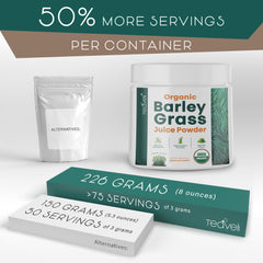 Teaveli barley grass juice powder scoop on the jar illustrating quick mix and convenient use.