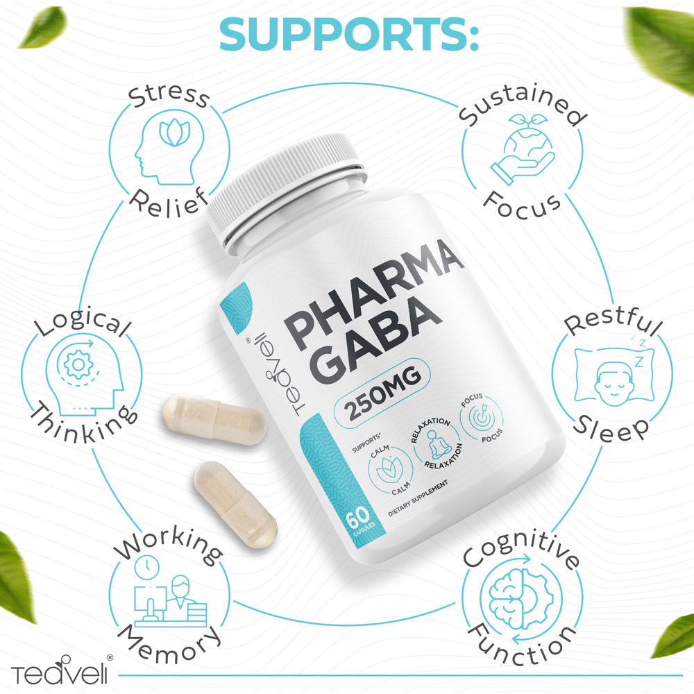 Teaveli Pharma GABA bottle on table for a mindful daily routine