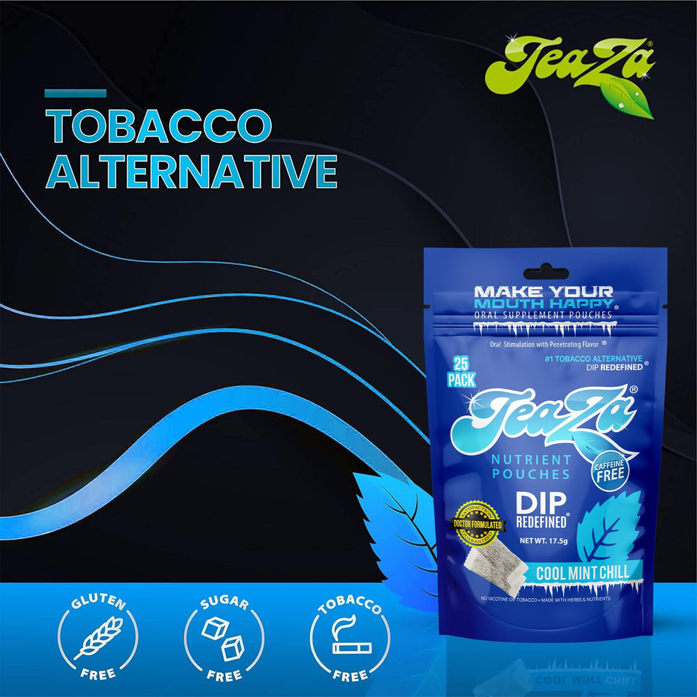 TeaZa Cool Mint Chill pouch close-up highlighting refreshing mint aroma.