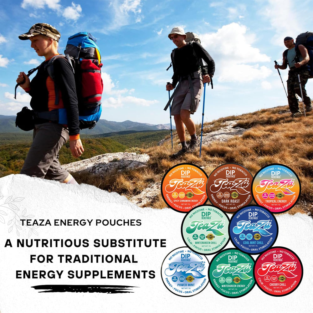 TeaZa nicotine-free logo on pouch, tobacco-free energy.