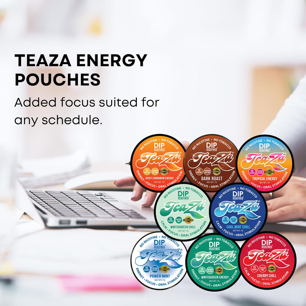 TeaZa Energy on-the-go display shows travel-friendly packaging.
