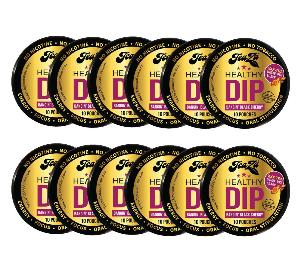TeaZa Bangin' Black Cherry energy pouches on pack cover for nicotine-free energy