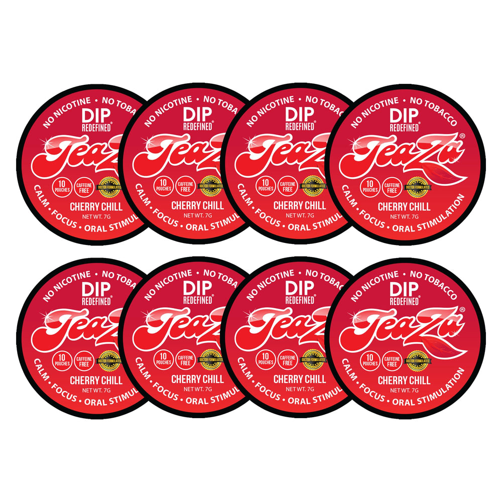 TeaZa Cherry Chill Energy Pouches pack front shows a tobacco-free energy dip option