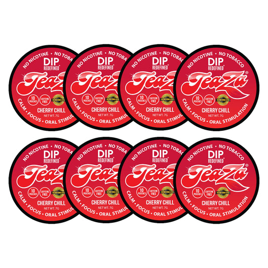 TeaZa Cherry Chill Energy Pouches pack front shows a tobacco-free energy dip option