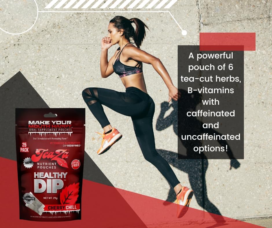 TeaZa Energy Pouches Cherry Chill pack side emphasizes nicotine-free design