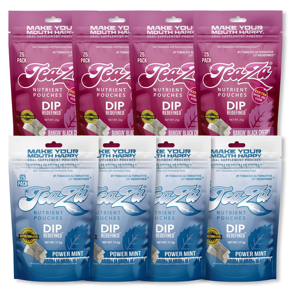TeaZa Energy Pouches front packaging shows dual flavors for a tobacco-free dip alternative.