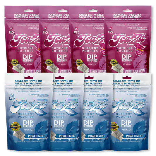 TeaZa Energy Pouches front packaging shows dual flavors for a tobacco-free dip alternative.