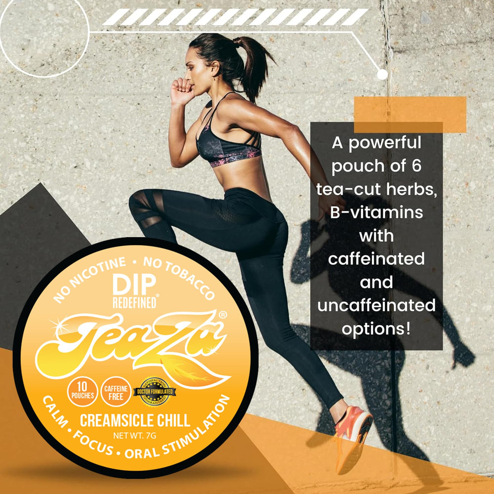 TeaZa Energy Pouches with herbs and vitamins for daily balance.