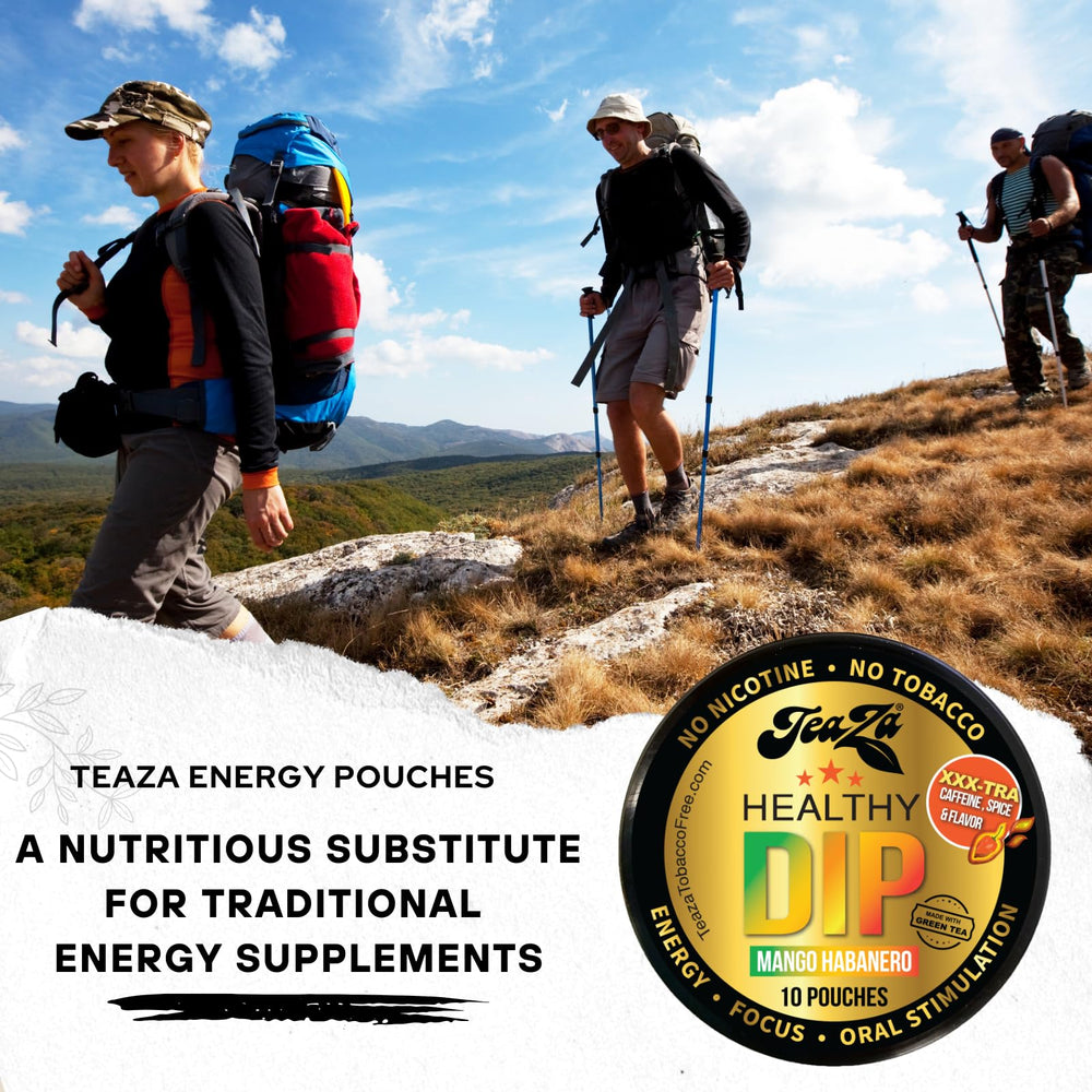 TeaZa Energy Pouches brand display with mango-habanero color theme