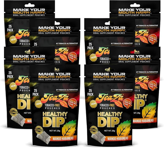 TeaZa Energy Pouches Mango Habanero pack shows a nicotine-free energy option with tropical flavor.