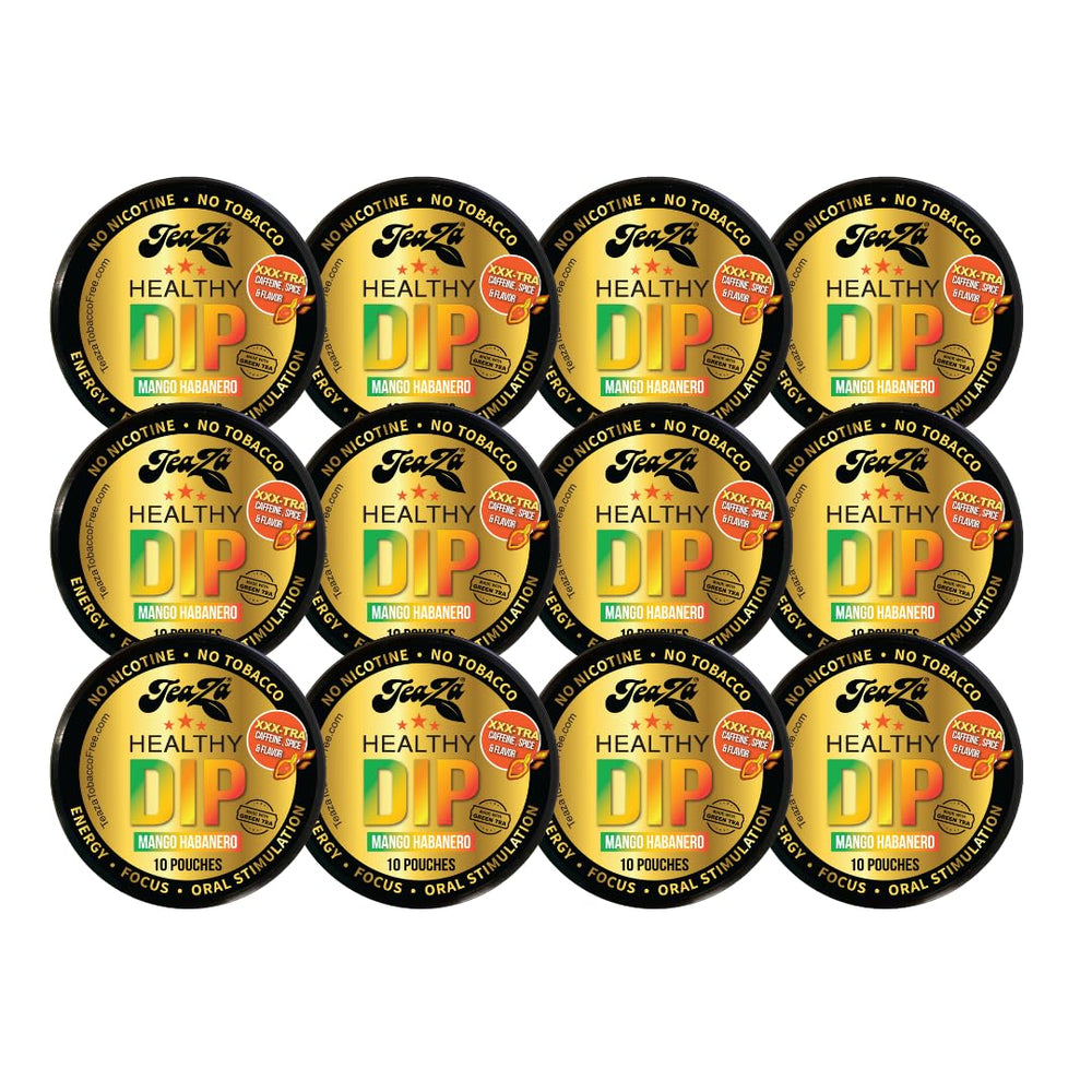 TeaZa Energy Pouches Mango Habanero pack front view, nicotine-free dip option