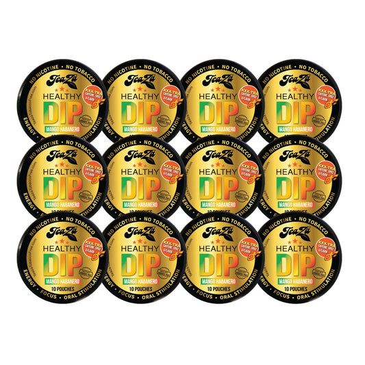 TeaZa Energy Pouches Mango Habanero pack front view, nicotine-free dip option