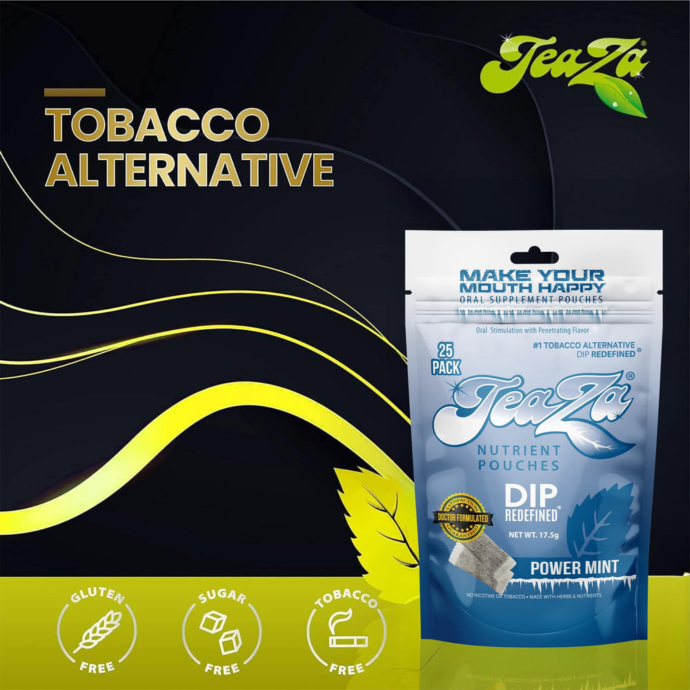 TeaZa Energy Power Mint branding on package reinforces trusted, nicotine-free option.