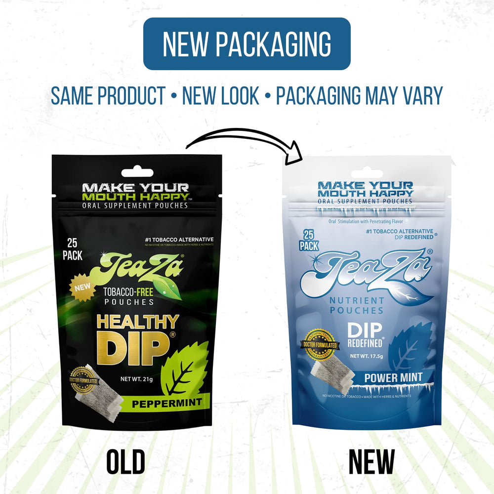 TeaZa Energy Power Mint pouch close-up reveals mint texture