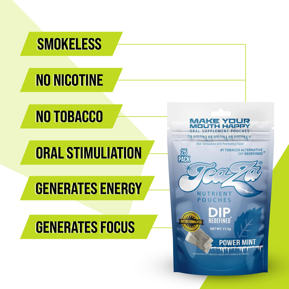 TeaZa Energy Power Mint pouch in mouth for discreet energy