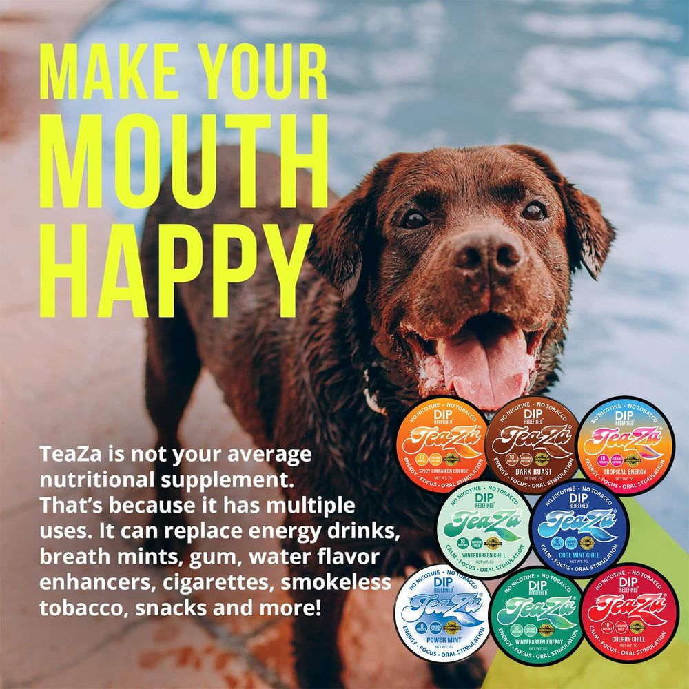 TeaZa Vegan label signals plant-based energy option.