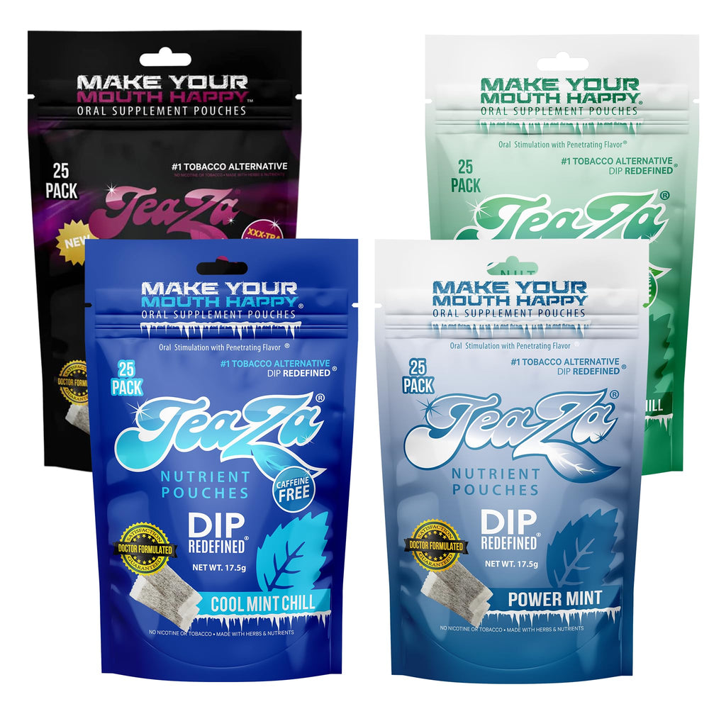 TeaZa Herbal Energy Pouch pack shot showing four flavors for on-the-go energy