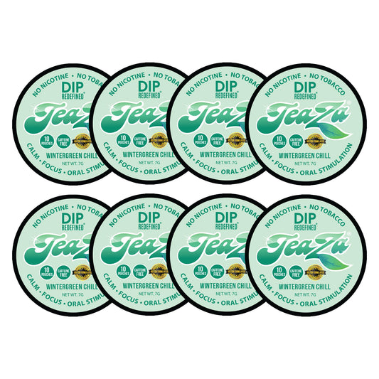 TeaZa Wintergreen Chill energy pouch in hand for a refreshing break