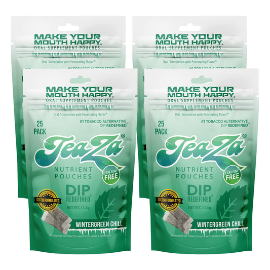 TeaZa Wintergreen Chill pouch close-up for convenient tobacco-free snacking on the go