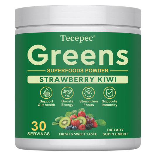Tecepec Super Greens Powder bottle showing a nutrient-rich daily mix for energy and gut support.