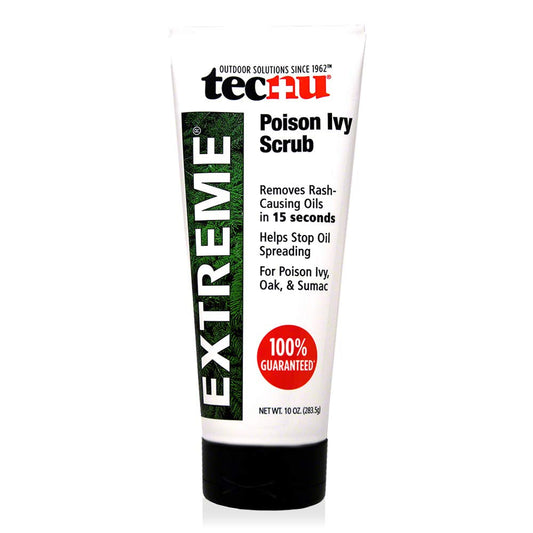 Tecnu Extreme poison ivy scrub bottle ready for use and removing urushiol oils.