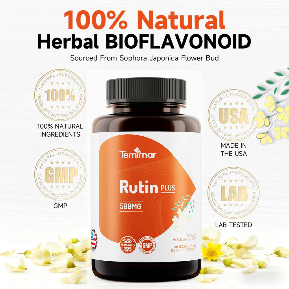 Temimar Rutin bottle on a kitchen shelf signaling gluten-free and Non-GMO purity