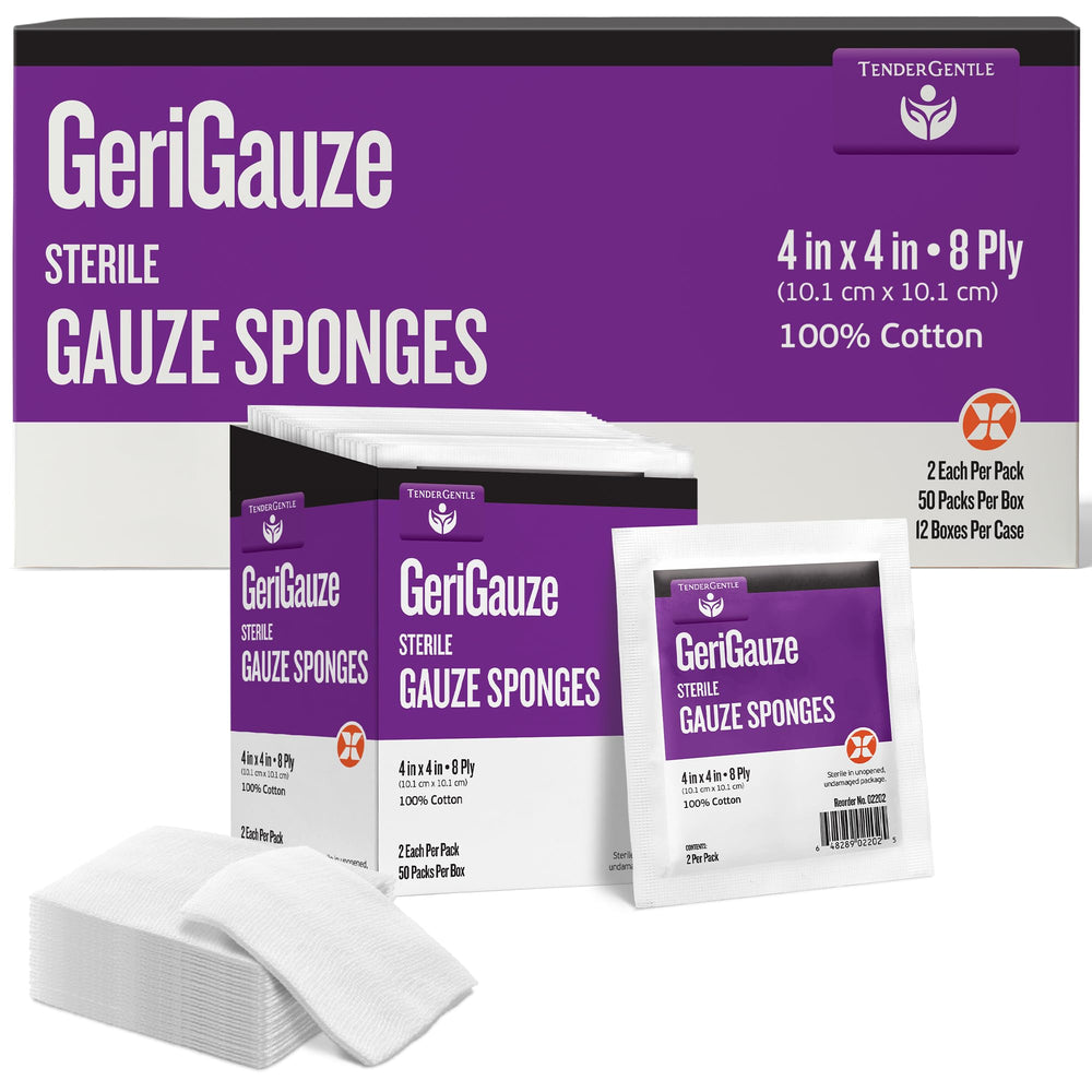TenderGentle 4x4 woven gauze sponges for sterile wound care and gentle absorption.