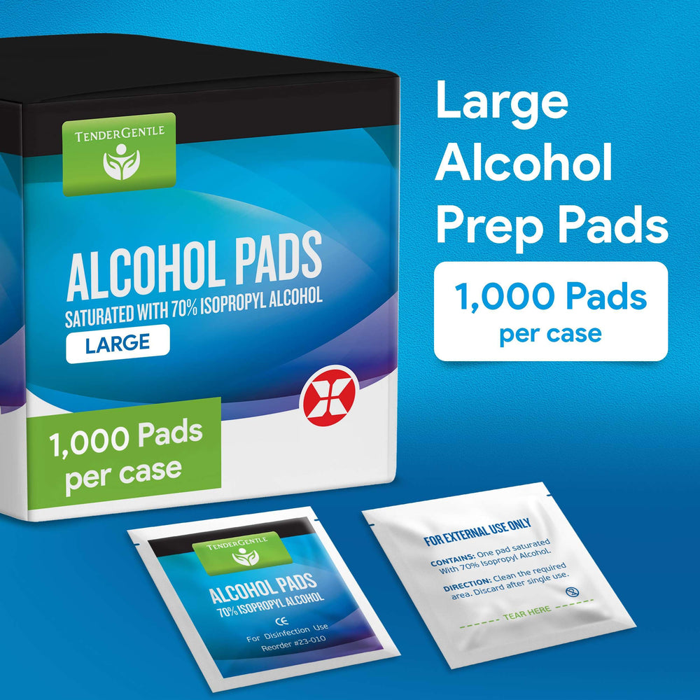 TenderGentle 70% isopropyl alcohol pads for fast disinfection at clinics or home.