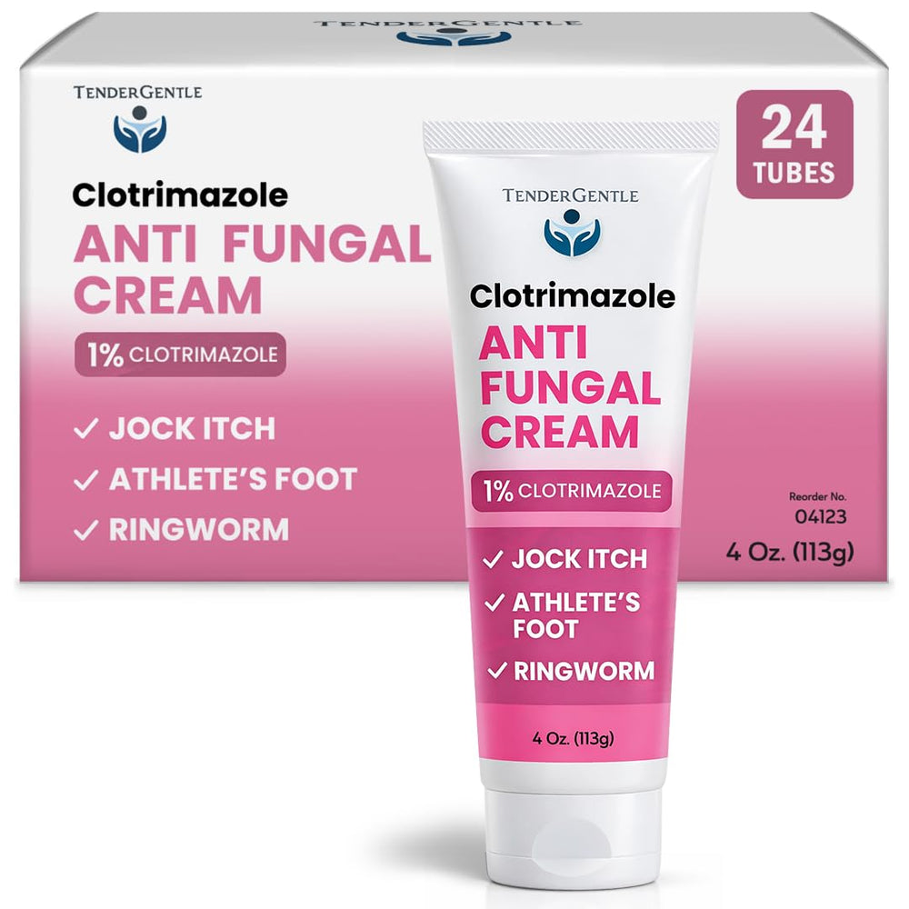 TenderGentle Clotrimazole cream 4oz tube, easy-to-use packaging for on-the-go antifungal relief.