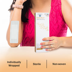TenderGentle gauze pad held by adhesive island dressing for reliable protection