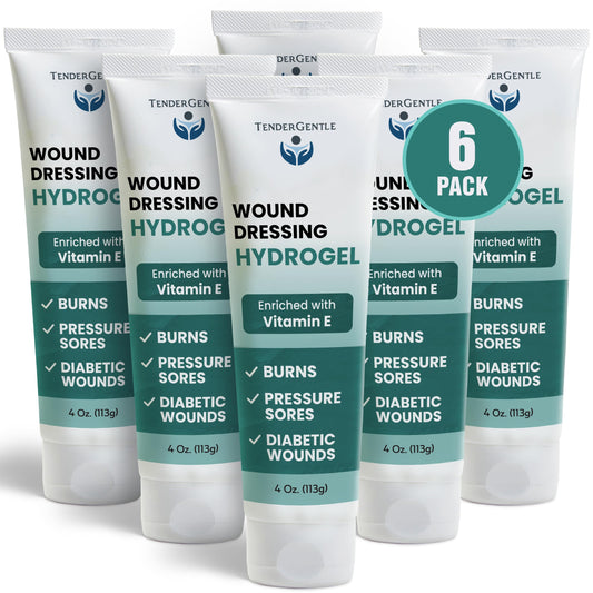 TenderGentle hydrogel pack of six 4 oz bottles for wound care, lightweight and non-greasy.